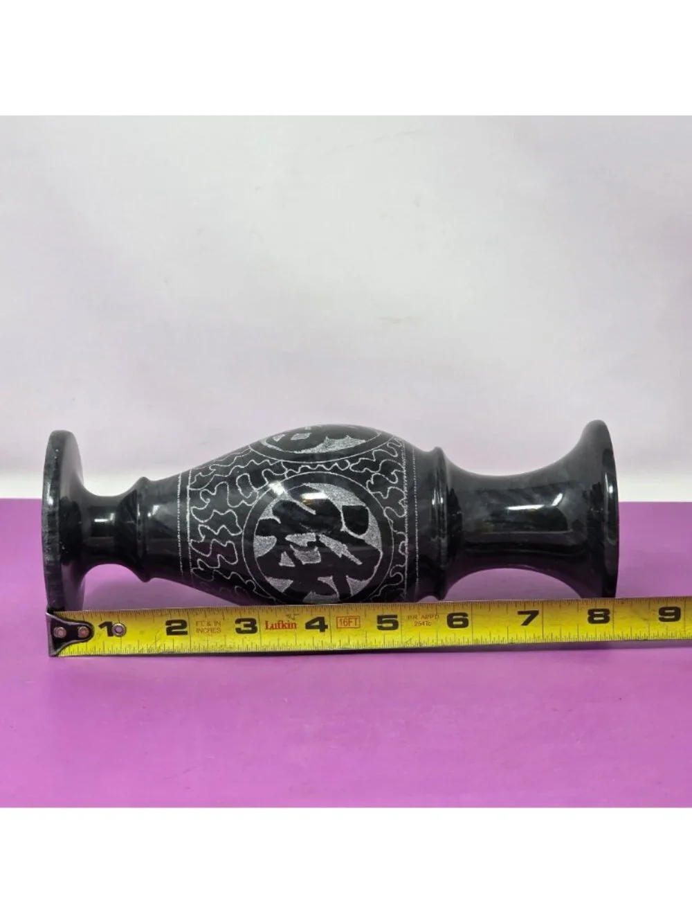 2 Oriental Black Marble Engraved Vases Intricate Designs Decorative Collectibles
